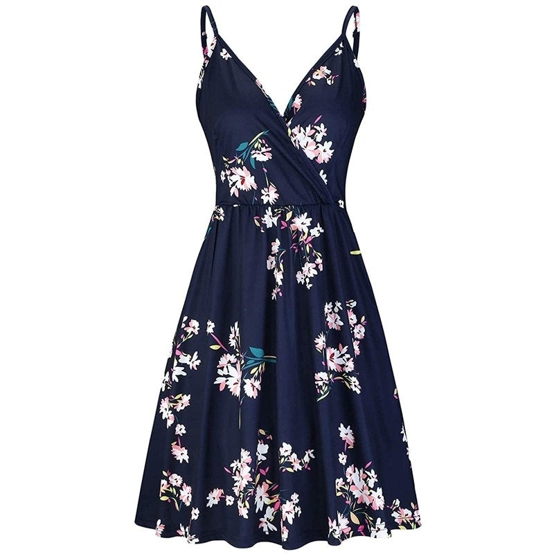 Womens V Neck Floral Spaghetti Strap Summer Casual Swing Dress Image 2