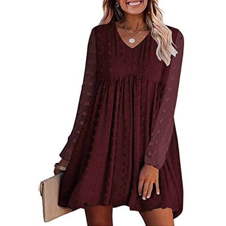 Womens V Neck Flowy Casual Swiss Dot Loose Fit Babydoll Dress Image 6