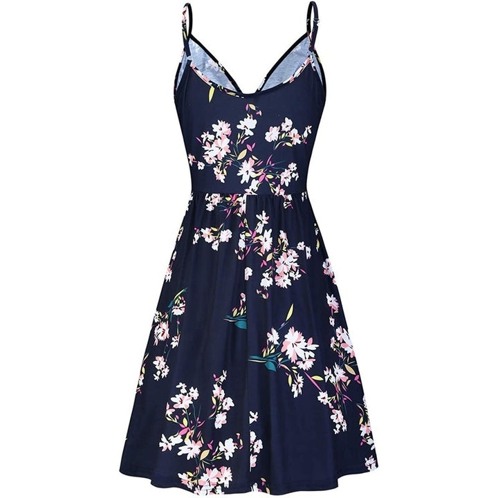 Womens V Neck Floral Spaghetti Strap Summer Casual Swing Dress Image 3