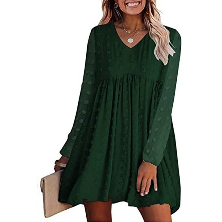 Womens V Neck Flowy Casual Swiss Dot Loose Fit Babydoll Dress Image 1