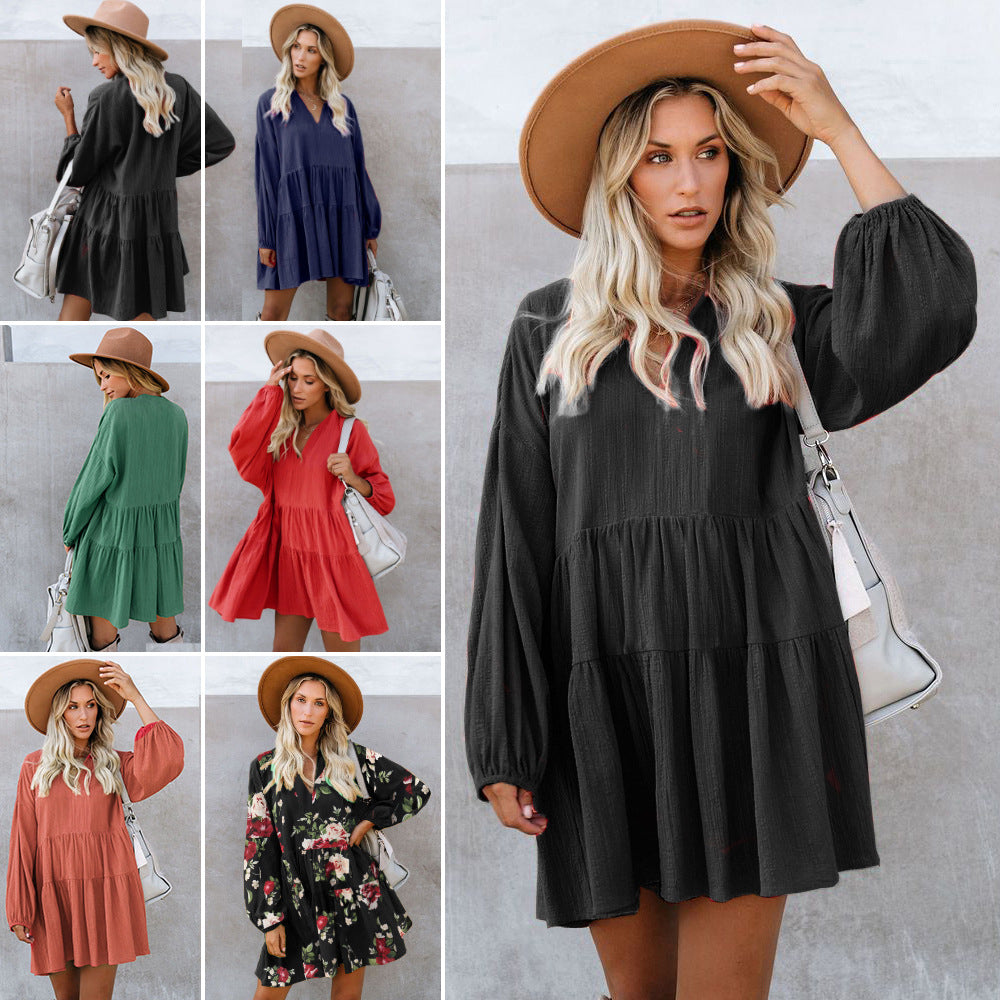 Long Sleeve Tunic Dress Ruffle Swing Babydoll Mini Ruffle Dress Image 1