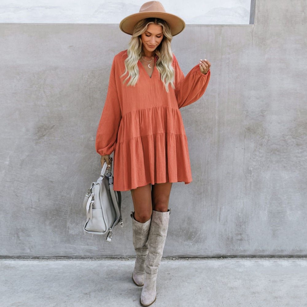 Long Sleeve Tunic Dress Ruffle Swing Babydoll Mini Ruffle Dress Image 1