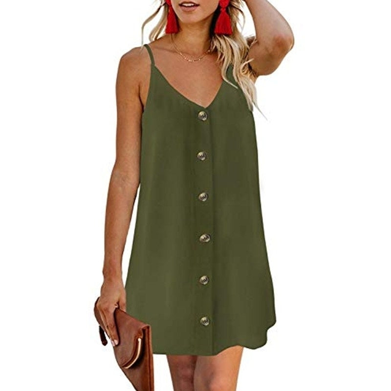 Women Summer Spaghetti Strap Button Down V Neck Sleeveless Casual Mini Dress Image 4