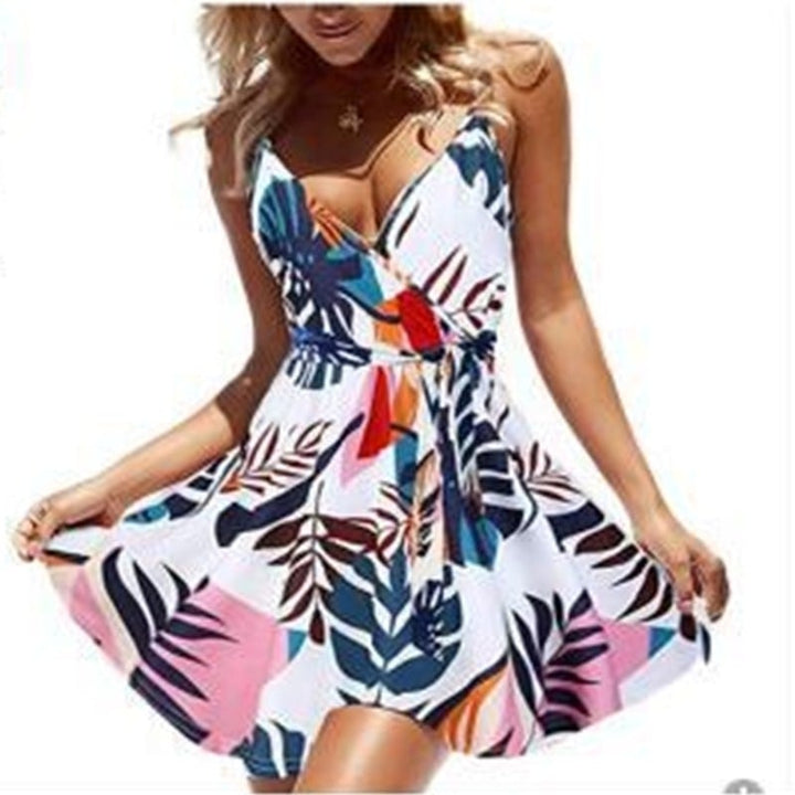 Womens V Neck Floral Spaghetti Strap Summer Casual Swing Dress Image 1