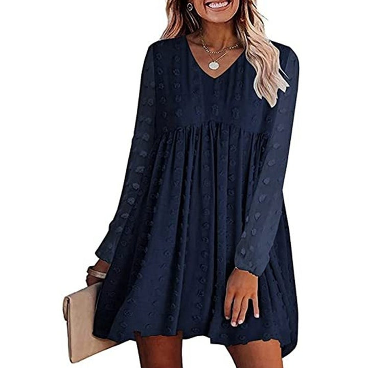 Womens V Neck Flowy Casual Swiss Dot Loose Fit Babydoll Dress Image 8