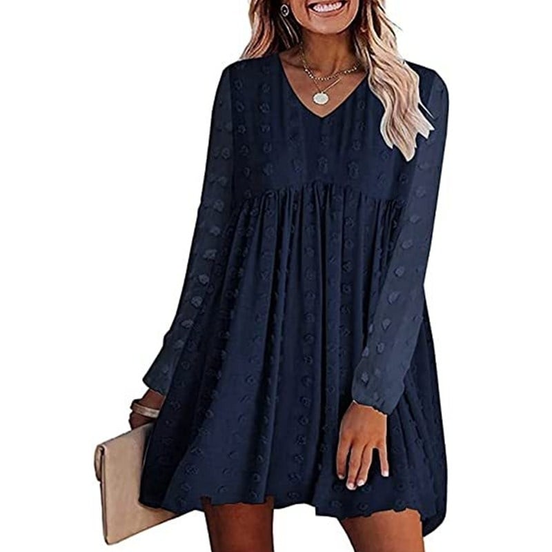 Womens V Neck Flowy Casual Swiss Dot Loose Fit Babydoll Dress Image 1