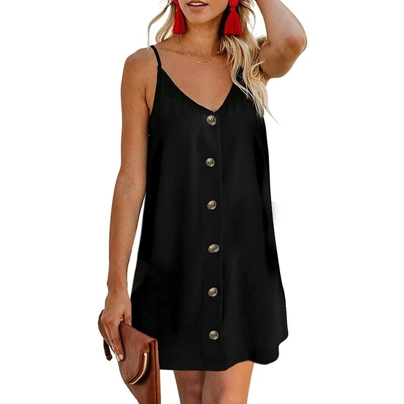 Women Summer Spaghetti Strap Button Down V Neck Sleeveless Casual Mini Dress Image 6