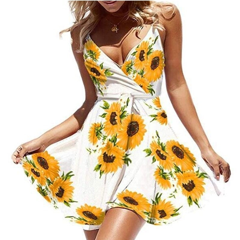 Womens V Neck Floral Spaghetti Strap Summer Casual Swing Dress Image 6