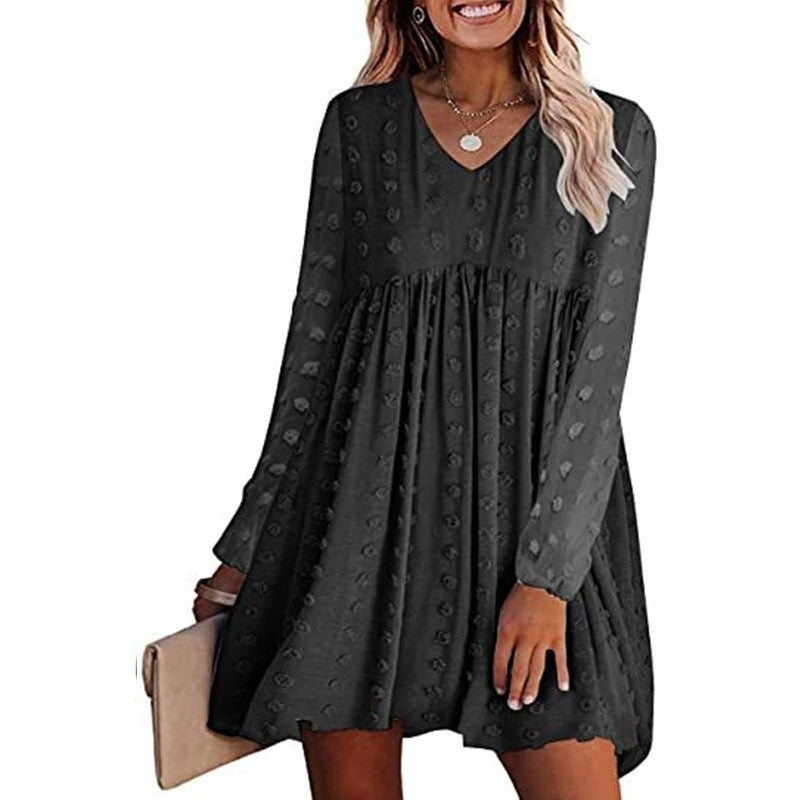 Womens V Neck Flowy Casual Swiss Dot Loose Fit Babydoll Dress Image 9