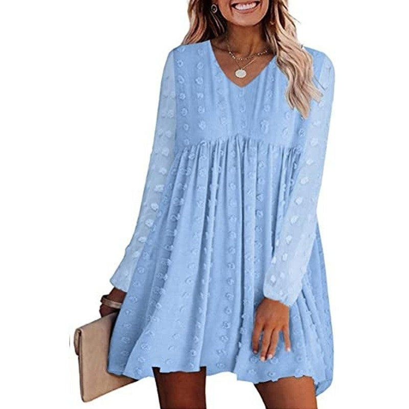 Womens V Neck Flowy Casual Swiss Dot Loose Fit Babydoll Dress Image 10