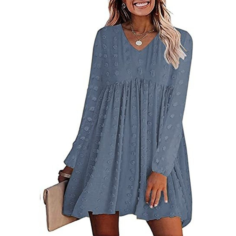 Womens V Neck Flowy Casual Swiss Dot Loose Fit Babydoll Dress Image 11