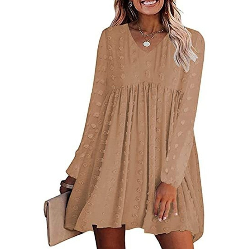 Womens V Neck Short Sleeve Ruffle Loose Summer Flowy Mini Dress Image 1