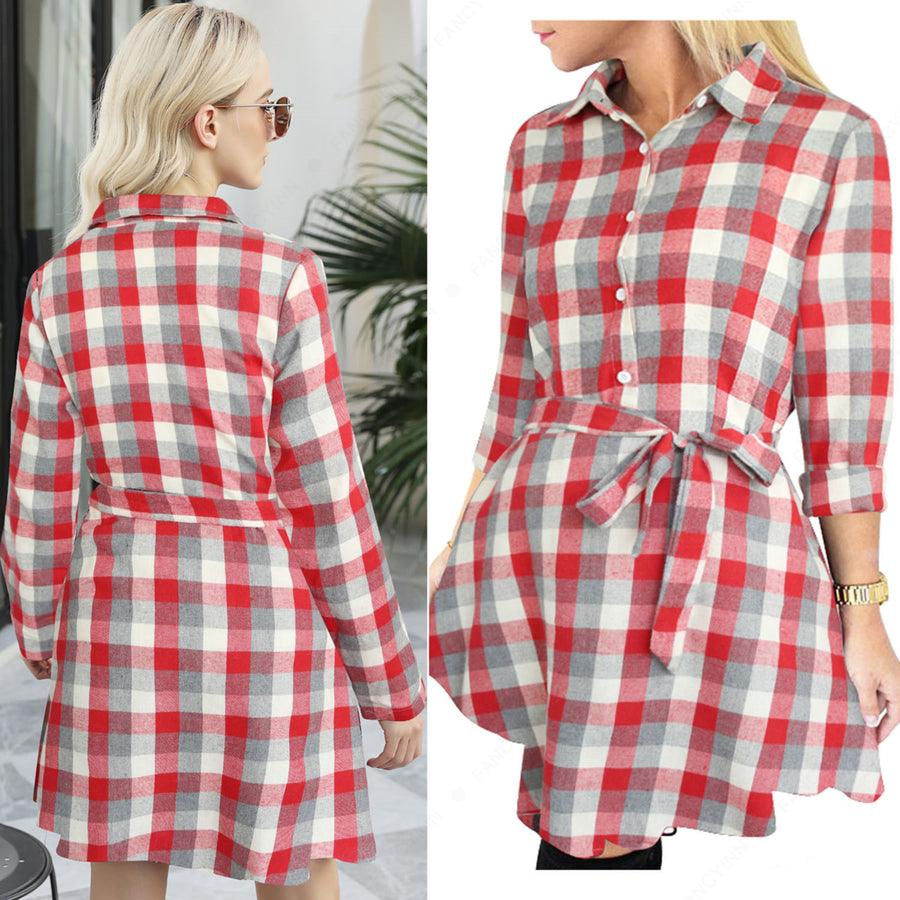 Women Long Sleeve Plaid Pattern Tunic Tops Shirt Casual Dress Image 1