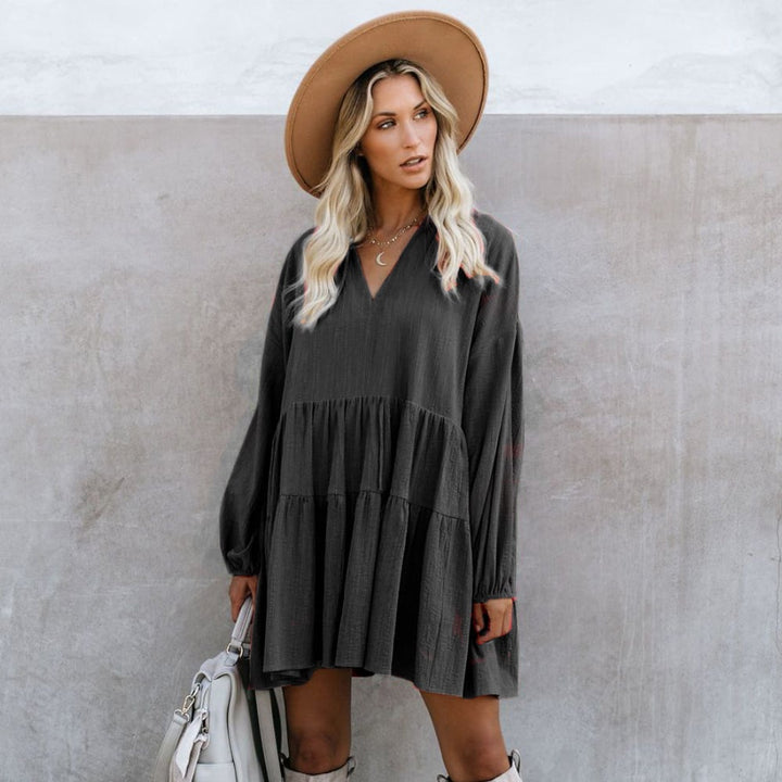 Long Sleeve Tunic Dress Ruffle Swing Babydoll Mini Ruffle Dress Image 1