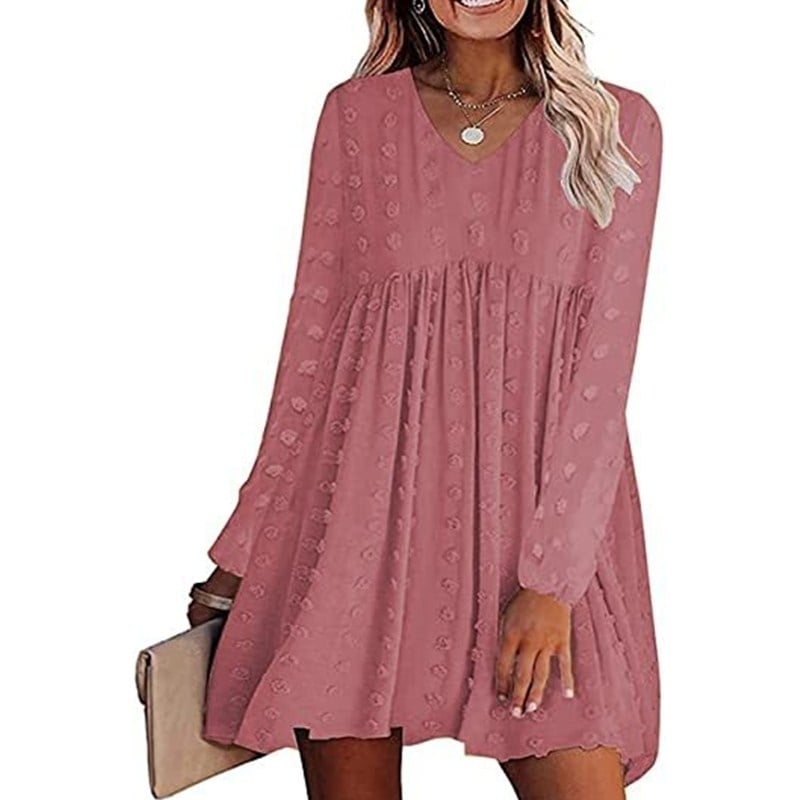 Womens V Neck Short Sleeve Ruffle Loose Summer Flowy Mini Dress Image 2