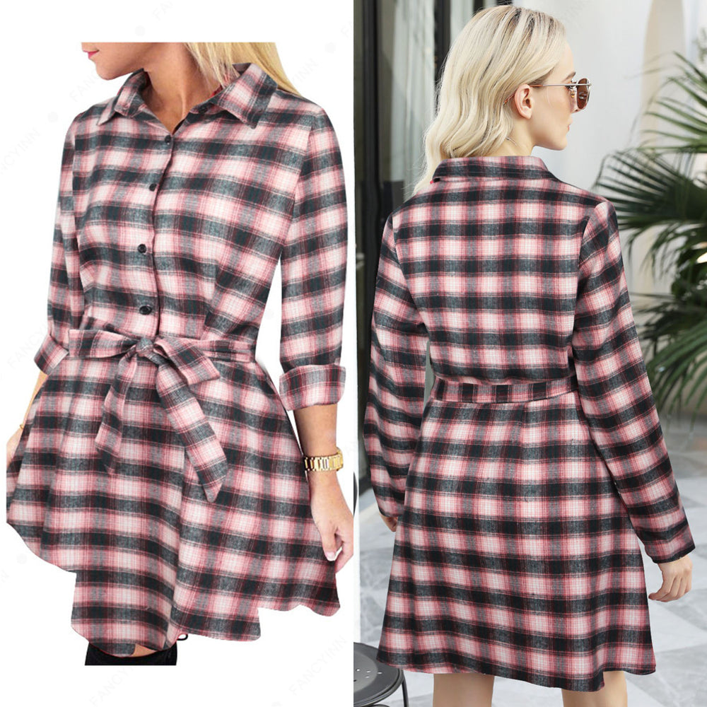 Women Long Sleeve Plaid Pattern Tunic Tops Shirt Casual Dress Image 2