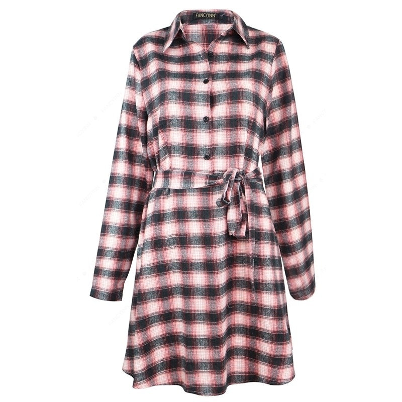 Women Long Sleeve Plaid Pattern Tunic Tops Shirt Casual Dress Image 3