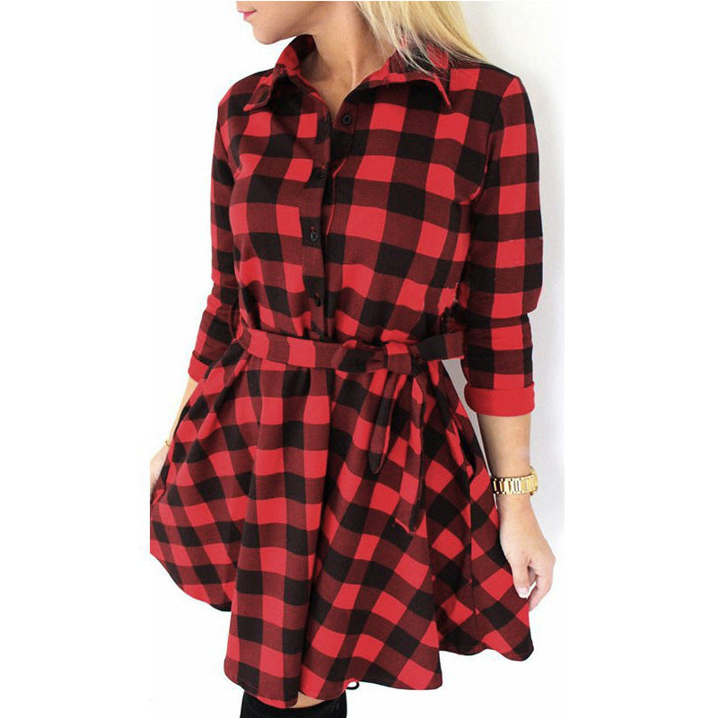 Women Long Sleeve Plaid Pattern Tunic Tops Shirt Casual Dress Image 4