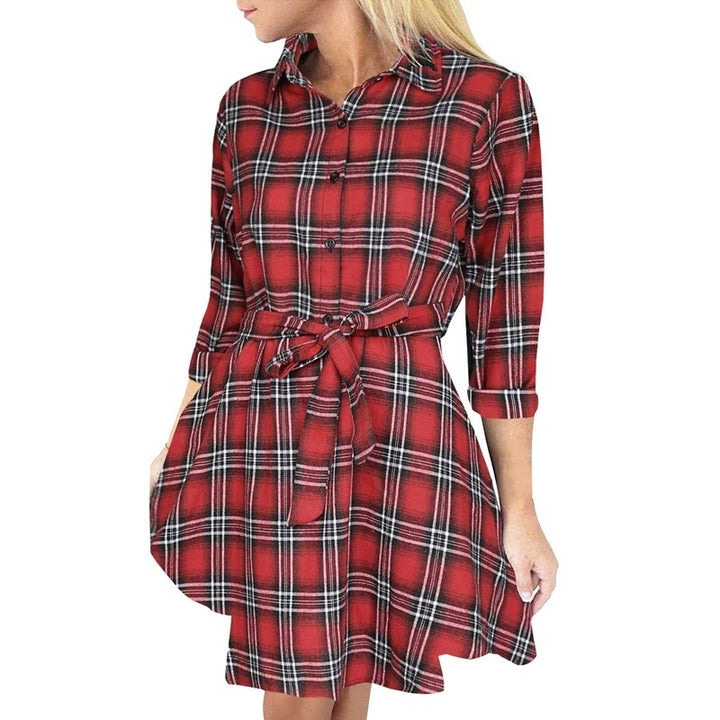 Women Long Sleeve Plaid Pattern Tunic Tops Shirt Casual Dress Image 6