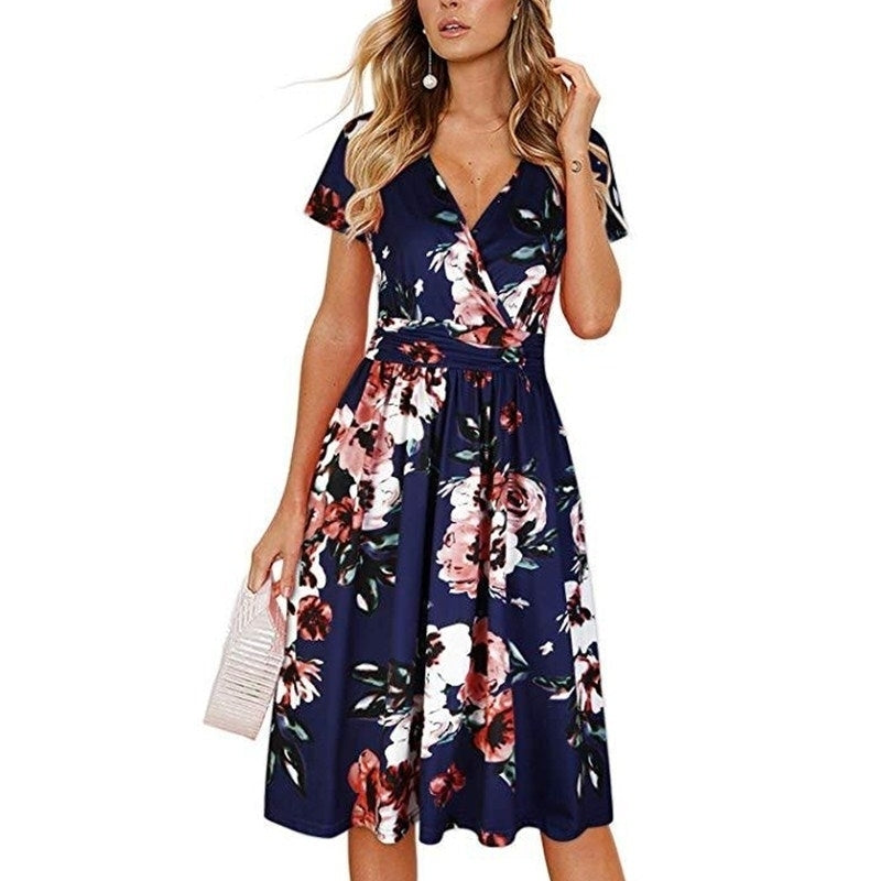 Womens Summer Short Sleeve V-Neck Floral Short Party Dress with Pockets Image 1