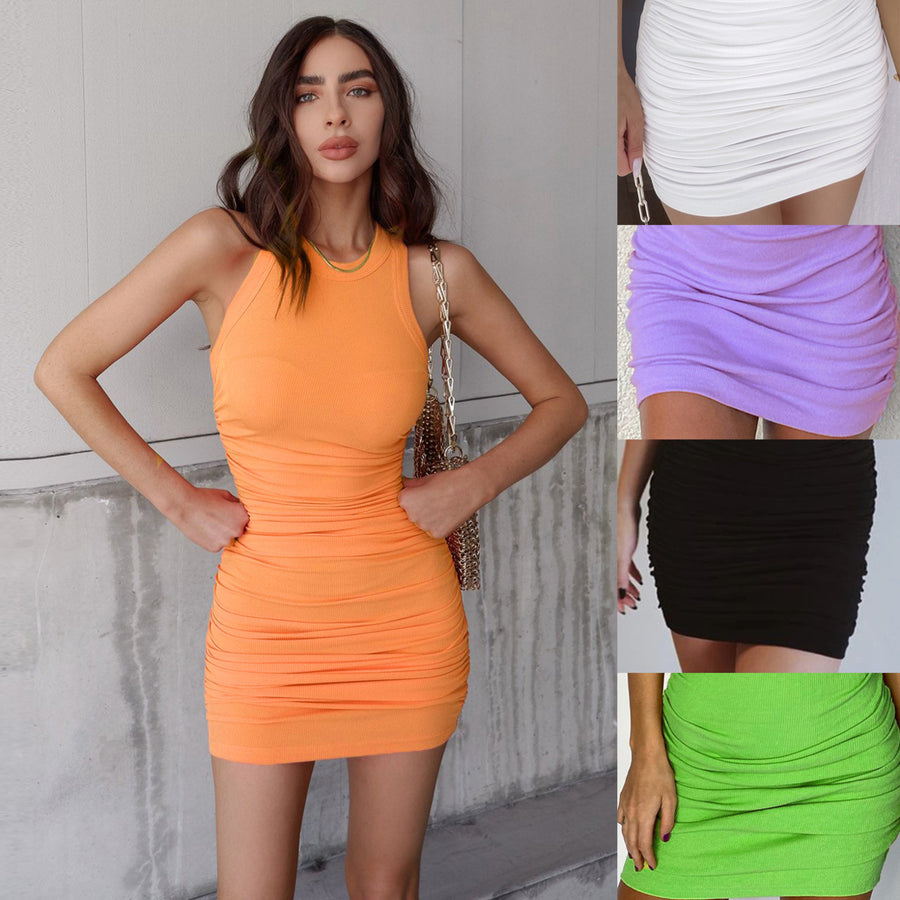 Womens Crew Neck Sleeveless Bodycon Dress Ribbed Slim Fit Ruched Stretchy Party Image 1