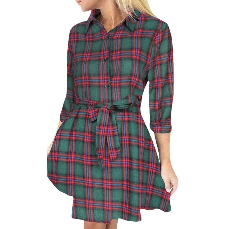 Women Long Sleeve Plaid Pattern Tunic Tops Shirt Casual Dress Image 7