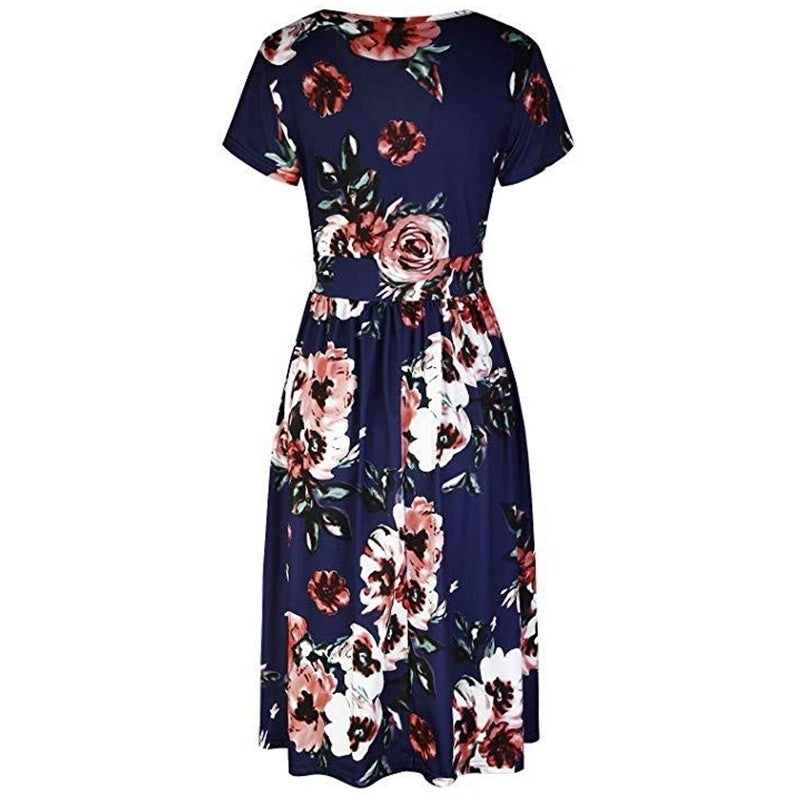 Womens Summer Short Sleeve V-Neck Floral Short Party Dress with Pockets Image 2