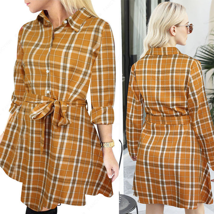 Women Long Sleeve Plaid Pattern Tunic Tops Shirt Casual Dress Image 8