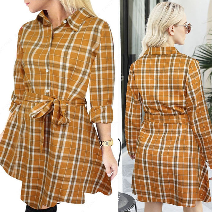 Women Long Sleeve Plaid Pattern Tunic Tops Shirt Casual Dress Image 1