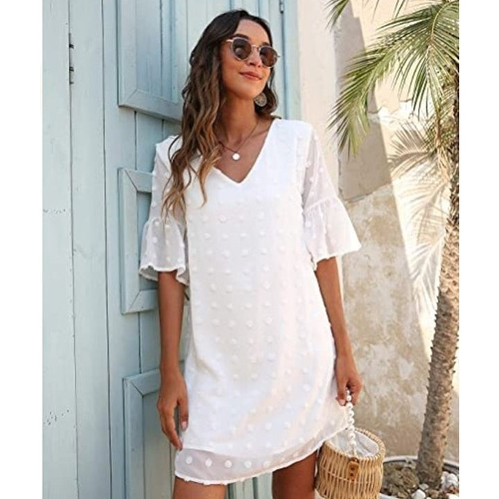 Womens Short Sleeve V Neck Ruffle Cute Sun Dress Chiffon Flowy Image 1