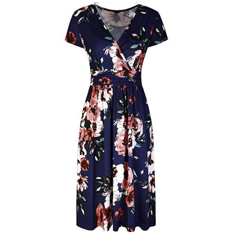 Womens Summer Short Sleeve V-Neck Floral Short Party Dress with Pockets Image 3