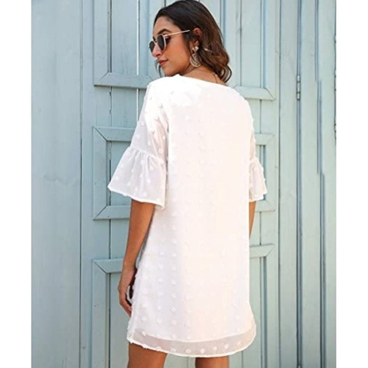 Womens Short Sleeve V Neck Ruffle Cute Sun Dress Chiffon Flowy Image 2