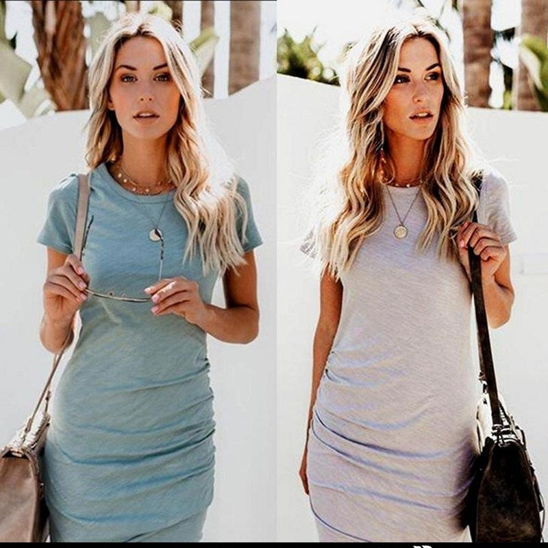 Womens Casual Crew Neck Short Sleeve Ruched Stretchy Bodycon T Shirt Mini Dress Image 1