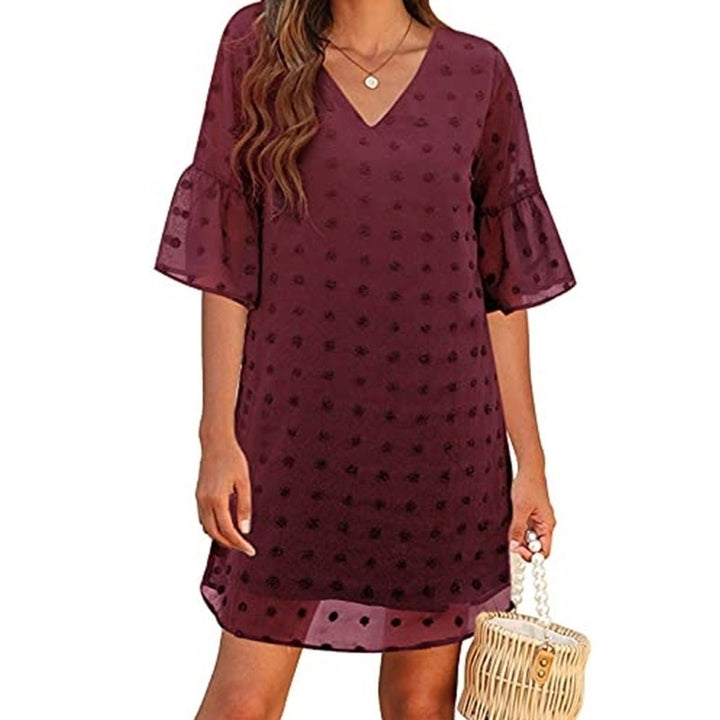 Womens Short Sleeve V Neck Ruffle Cute Sun Dress Chiffon Flowy Image 6