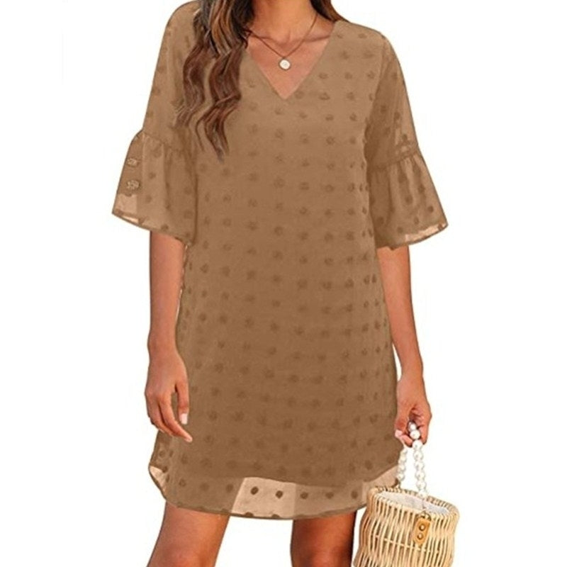 Womens Short Sleeve V Neck Ruffle Cute Sun Dress Chiffon Flowy Image 8