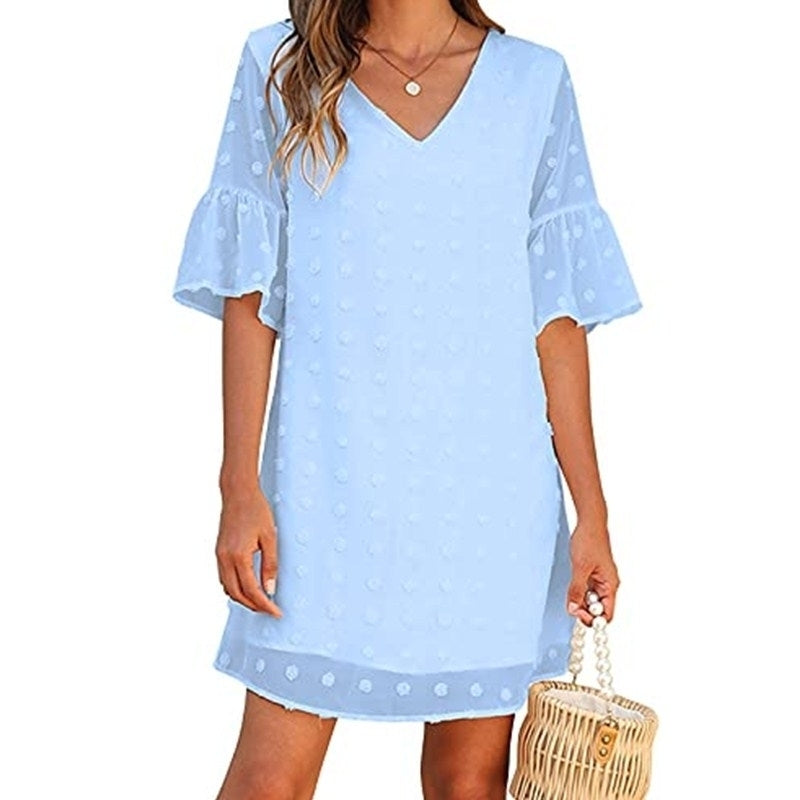 Womens Short Sleeve V Neck Ruffle Cute Sun Dress Chiffon Flowy Image 9