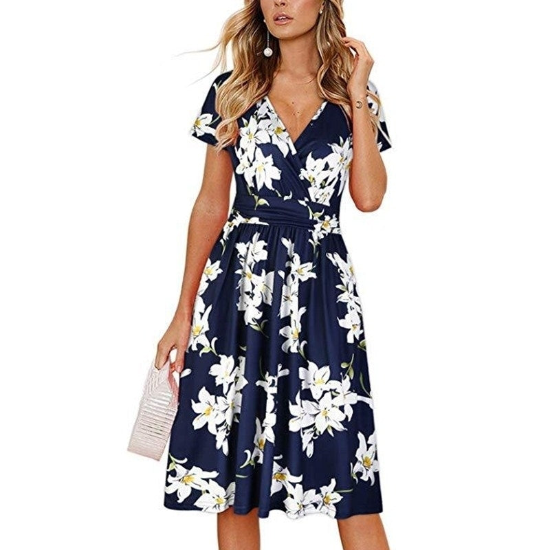 Womens Summer Short Sleeve V-Neck Floral Short Party Dress with Pockets Image 6