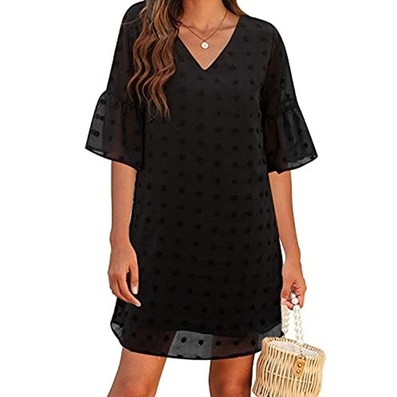 Womens Short Sleeve V Neck Ruffle Cute Sun Dress Chiffon Flowy Image 10