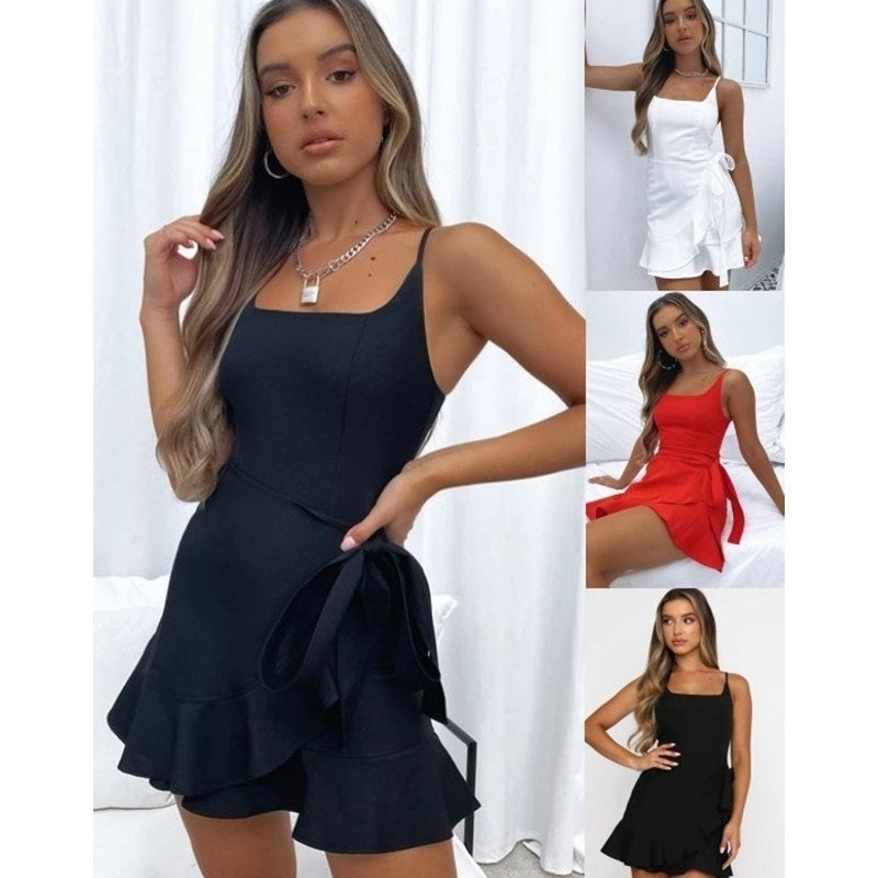 Womens Dress Spaghetti Strap Waist Tie Knot Wrap Front Ruffle Hem Short Dress Image 1