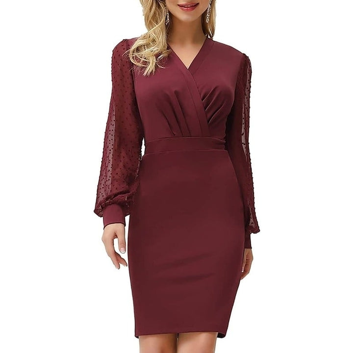 Womens Pencil Work Dresses Long Sleeve V Neck Bodycon Business Dress Elegant Cocktail Party Image 1