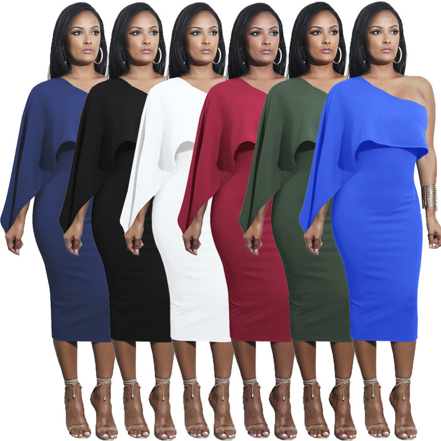 Womens Summer Sexy One Shoulder Ruffle Bodycon Midi Cocktail Dress Image 1