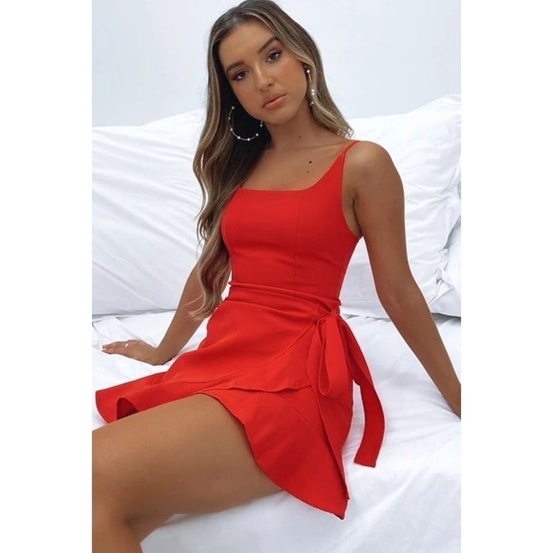 Womens Dress Spaghetti Strap Waist Tie Knot Wrap Front Ruffle Hem Short Dress Image 1