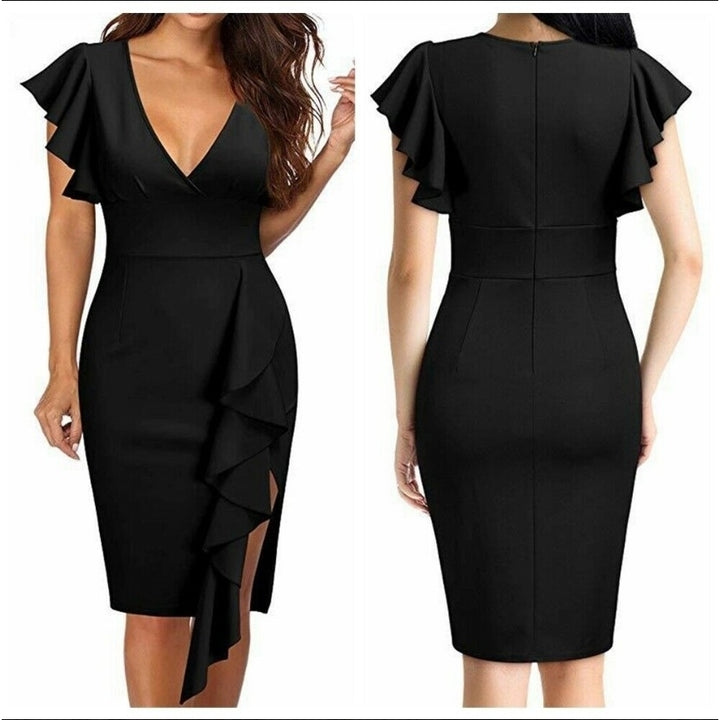 Womens Deep-V Neck Ruffle Sleeves Cocktail Party Pencil Slit Formal Dress Image 1