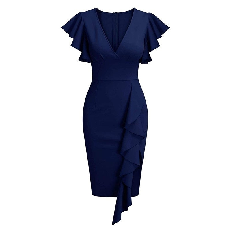 Womens Deep-V Neck Ruffle Sleeves Cocktail Party Pencil Slit Formal Dress Image 2