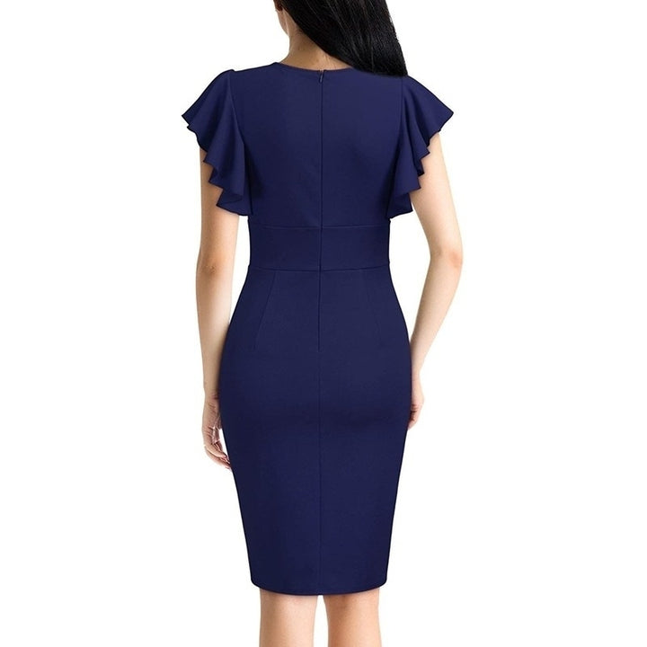 Womens Deep-V Neck Ruffle Sleeves Cocktail Party Pencil Slit Formal Dress Image 3