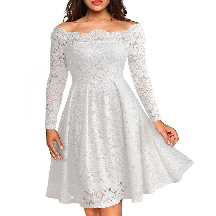 Womens Vintage Floral Lace Short Sleeve Boat Neck Cocktail Party Swing Dress Image 1