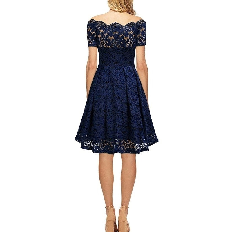 Womens Vintage Floral Lace Short Sleeve Boat Neck Cocktail Party Swing Dress Image 3