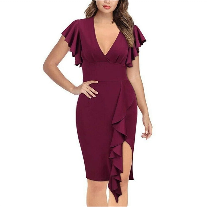 Womens Deep-V Neck Ruffle Sleeves Cocktail Party Pencil Slit Formal Dress Image 4