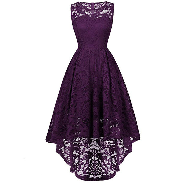 Womens Vintage Floral Lace Sleeveless Hi-Lo Cocktail Formal Swing Dress Image 6