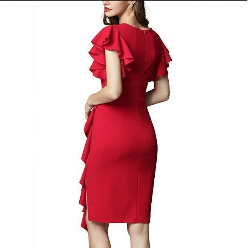 Womens Deep-V Neck Ruffle Sleeves Cocktail Party Pencil Slit Formal Dress Image 4